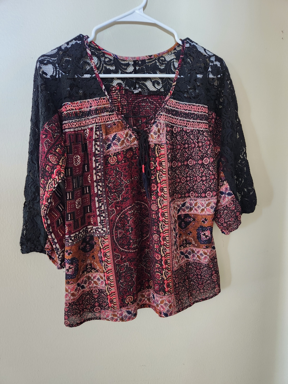 Miss Me Black Lace Sleeve Tunic with Burgundy & Rust Patchwork M Medium